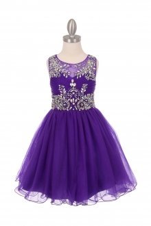 Purple Sleeveless Tulle Junior Bridesmaid Dress with Exquisite Beading Design